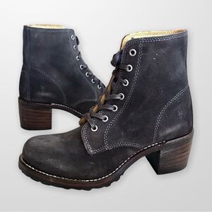 RARE Frye Sabrina 6G Grey Suede/Leather Lace Up Combat Moto Heeled Ankle Booties